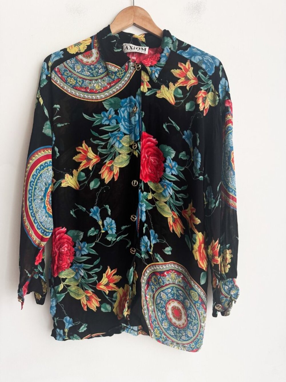 Vintage Axiom Sheer Dark Florals Maximalist Print Ling Sleeve Blouse M